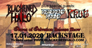 Ein Plakat für die Release-Party des ersten Blackened Halo-Albums im Münchner Backstage