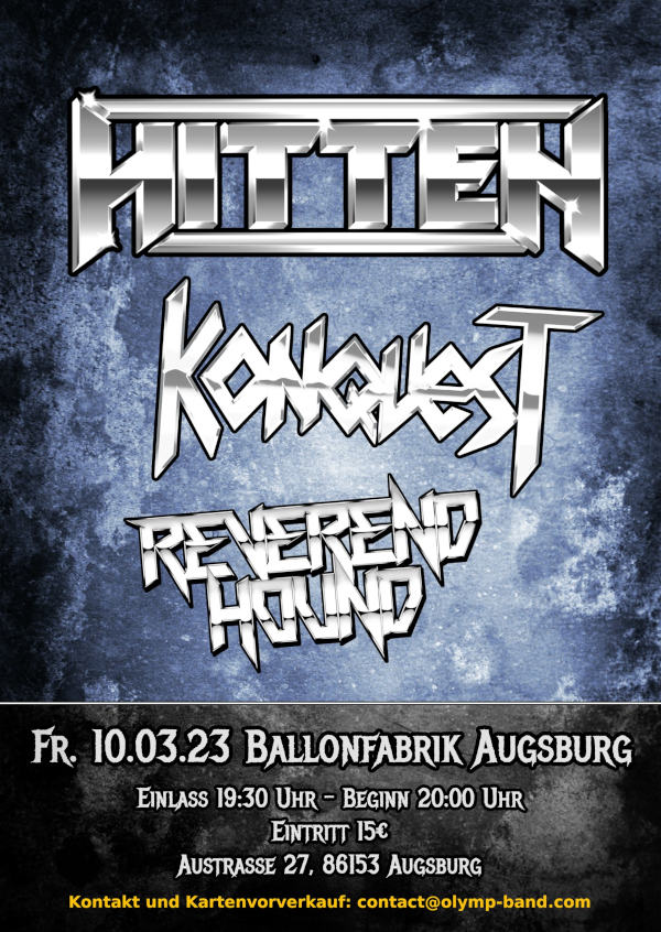 Ein Flyer für das Konzert der Heavy-Metal-Bands Hitten, Konquest und Reverend Hound in der "Ballonfabrik" in Augsburg.